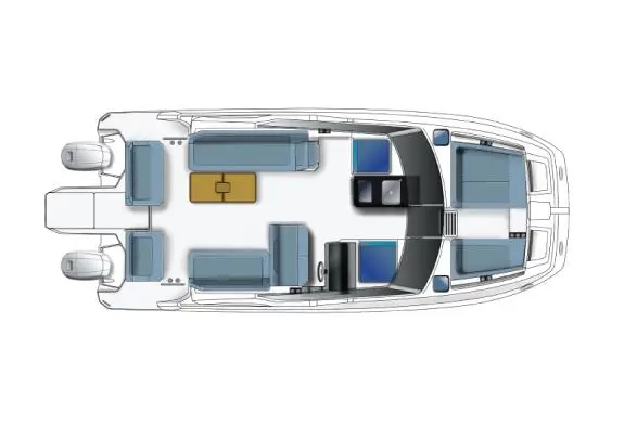 Top view of a boat's interior layout featuring seating areas, a central table, and helm station with dual engines.